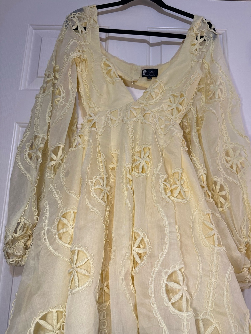 Bardot Jovie Babydoll Mini Dress Butter Yellow Cutout Balloon Sleeve L - Picture 2 of 16